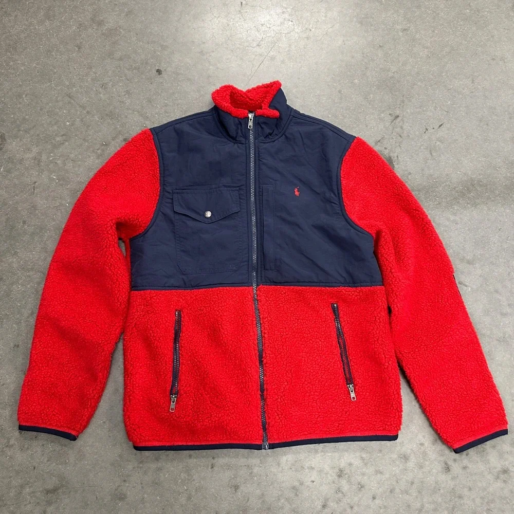 Polo Ralph Lauren Kids XL 18-20 Red Navy Blue Sherpa Fleece Hybrid Jacket
